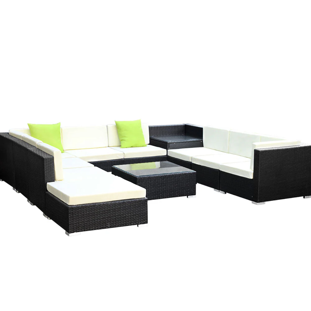 Chester 10-Seater Outdoor Set Furniture Wicker 11-Piece Sofa with Storage Cover - Black - Nurns