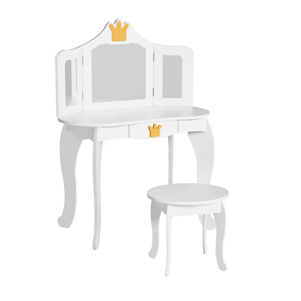 Kids Dressing Table Vanity Makeup Chair Set Wooden 3 Mirror Drawer - White - Nurns