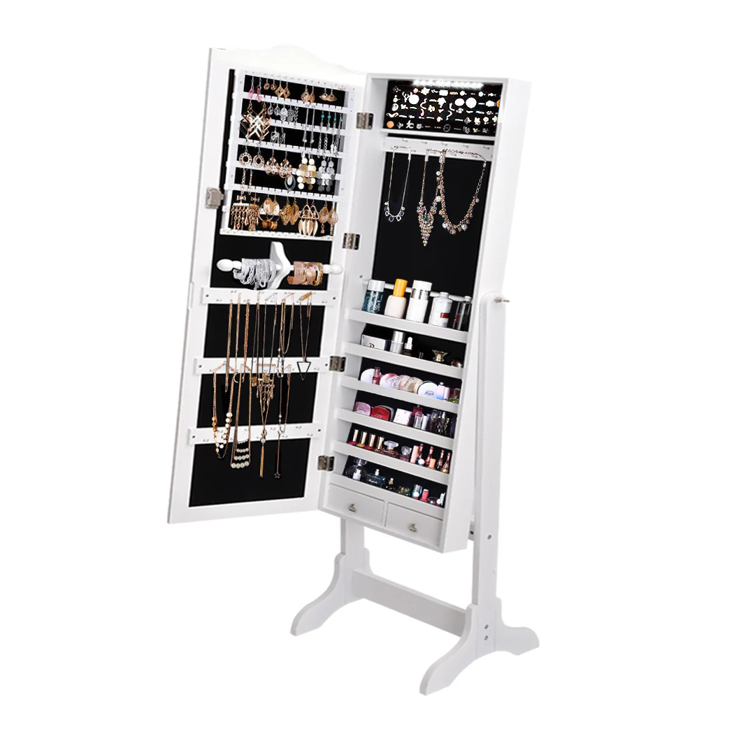 Dual Use Mirrored Jewellery Dressing Cabinet with LED Light in White - Nurns