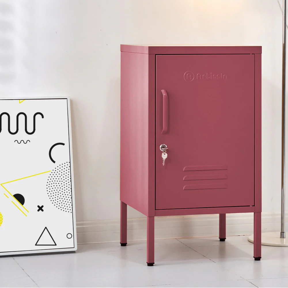 Quesnel Rolled Steel Bedside Tables Metal Locker Storage Shelf Filing Cabinet Cupboard - Pink - Nurns