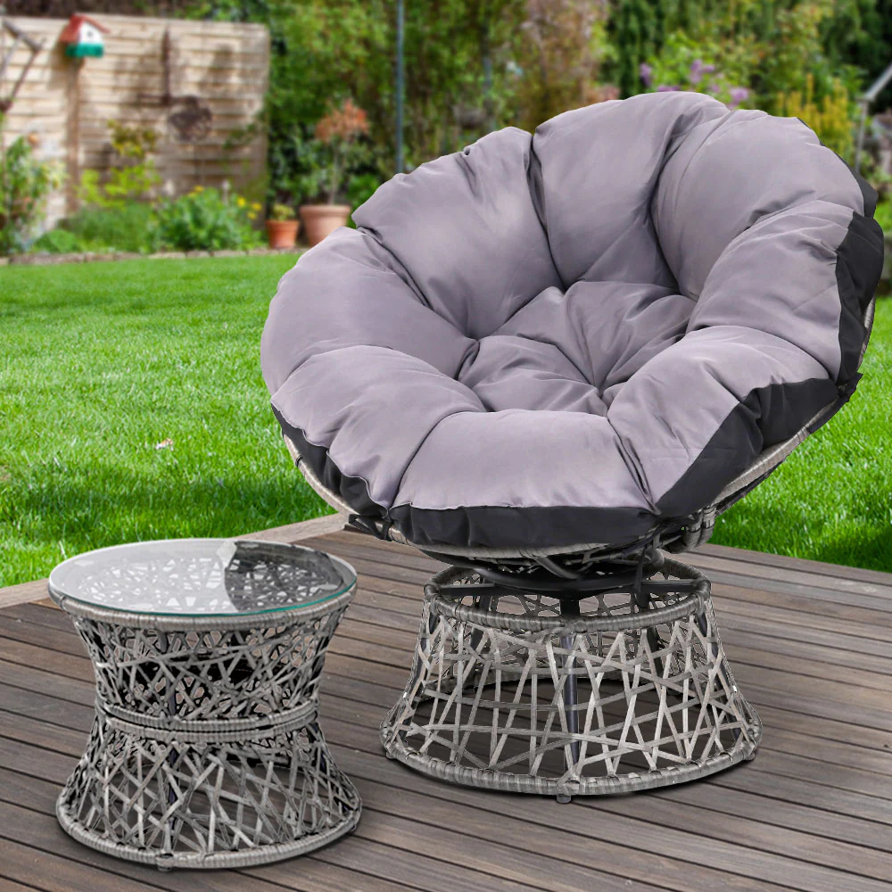 Outdoor Lounge Setting Papasan Chair Wicker Table Garden Furniture - Grey - Nurns