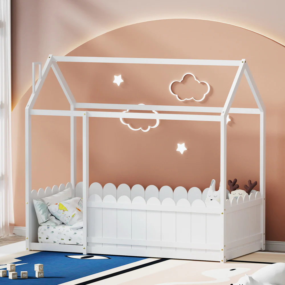 Lucy Bed Frame Wooden Kids House - White Single - Nurns