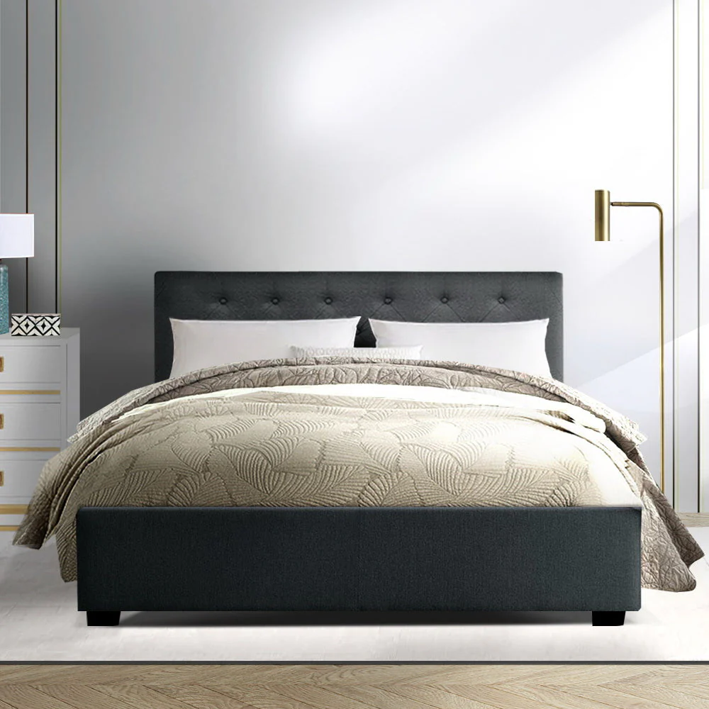 Madison Charcoal Bed Frame Fabric Gas Lift Storage - Charcoal Double - Nurns