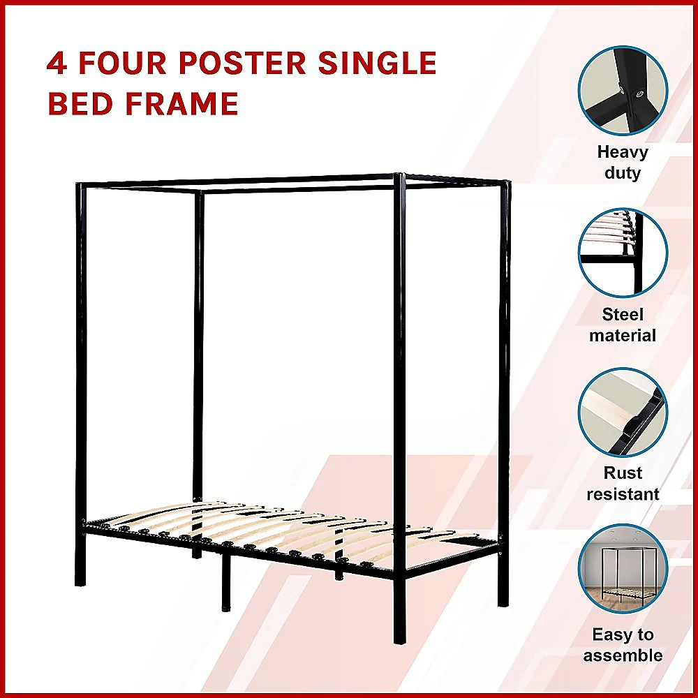 Lilian Four Poster Bed Frame - Black Single - Nurns