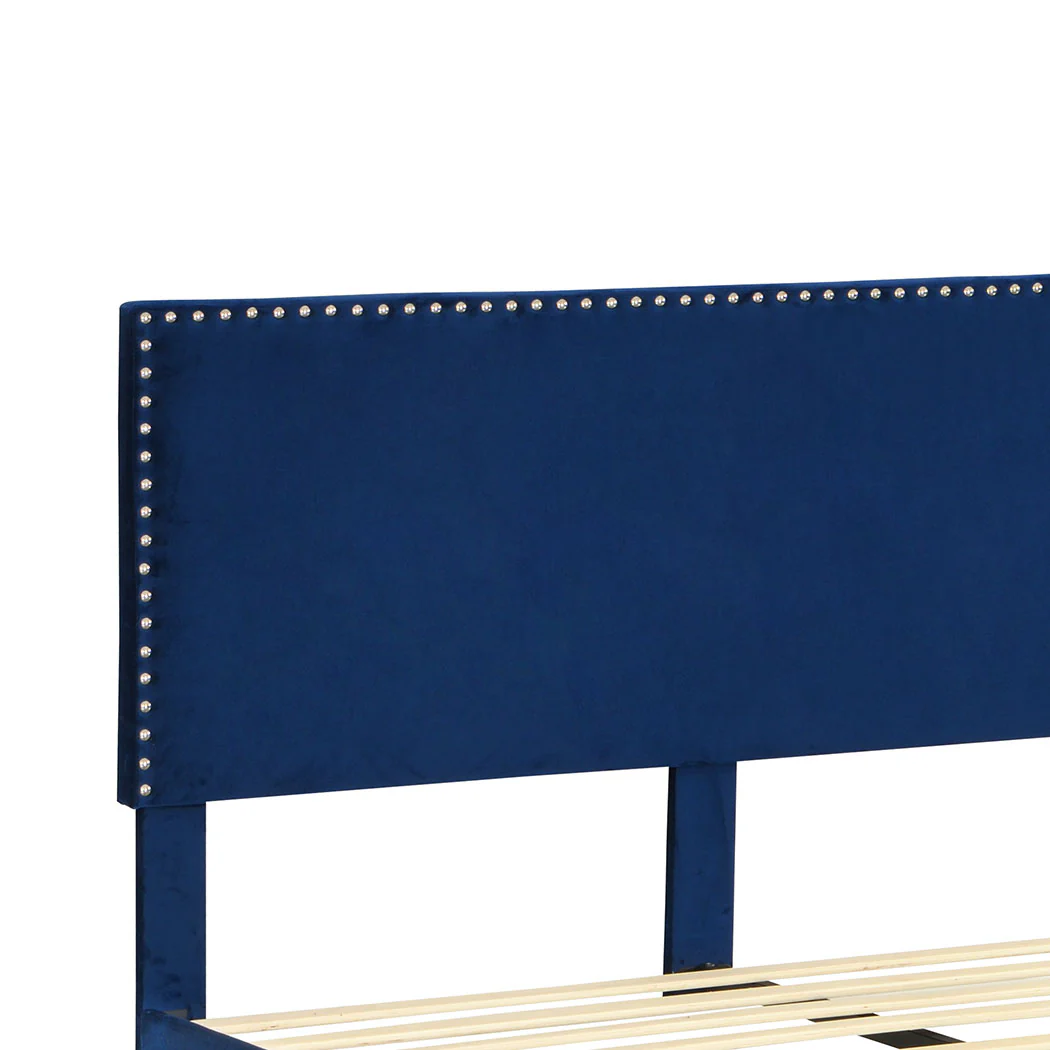 Velsen Bed Frame Base Platform Wooden Velvet with Headboard Blue - Queen - Nurns