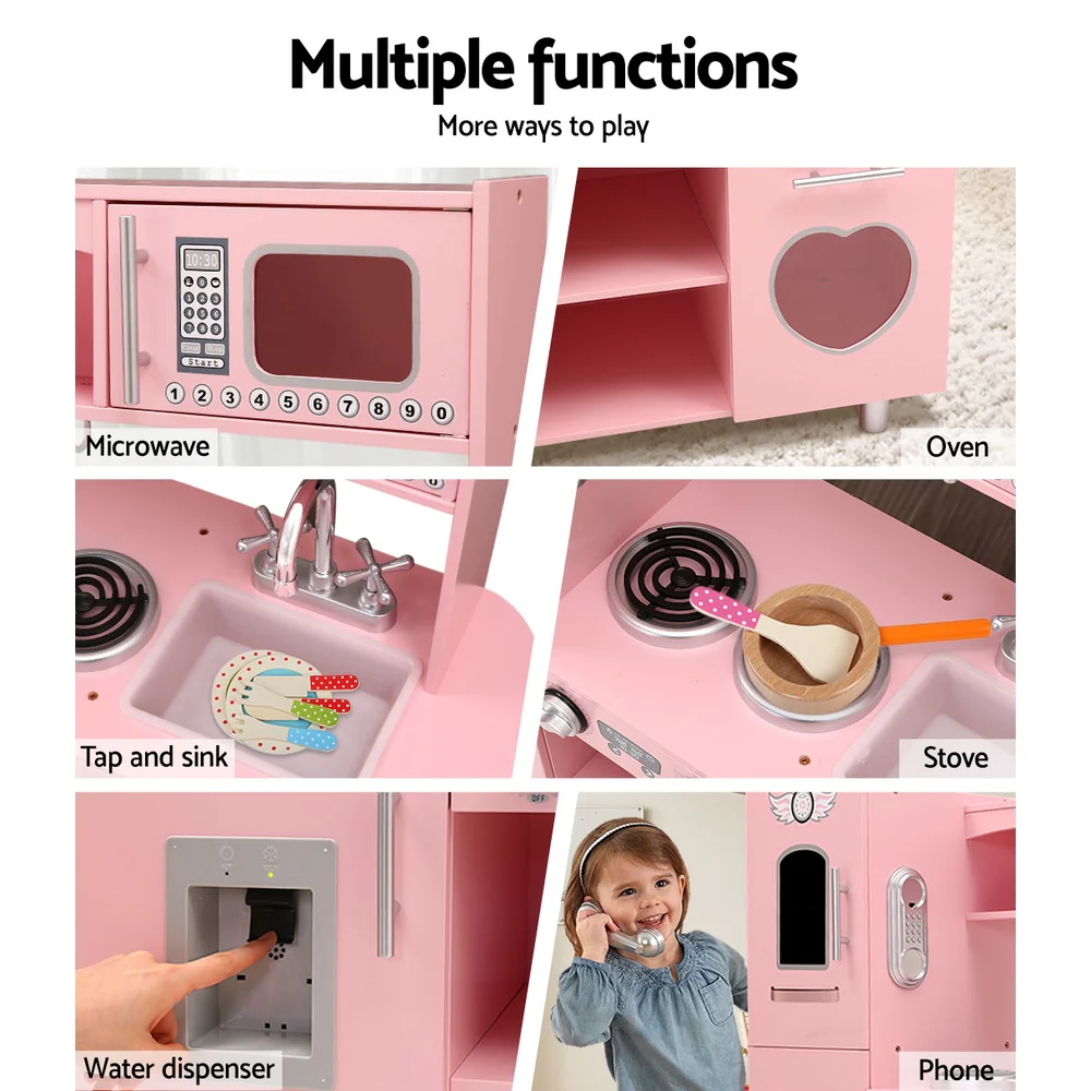 Kids Wooden Kitchen Pretend Play Sets Food Cooking Toys Children Pink - Nurns