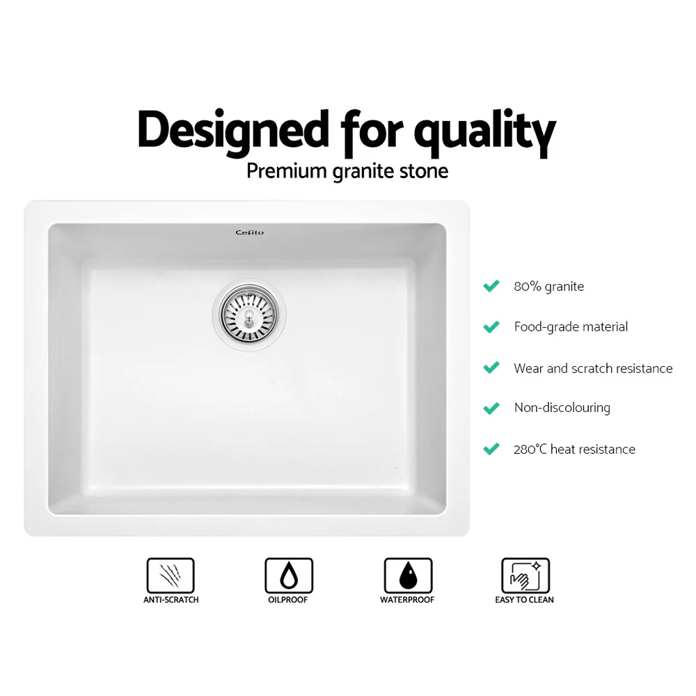 Stone Kitchen Sink 610X470MM Granite Under/Topmount Basin Bowl Laundry White - Nurns
