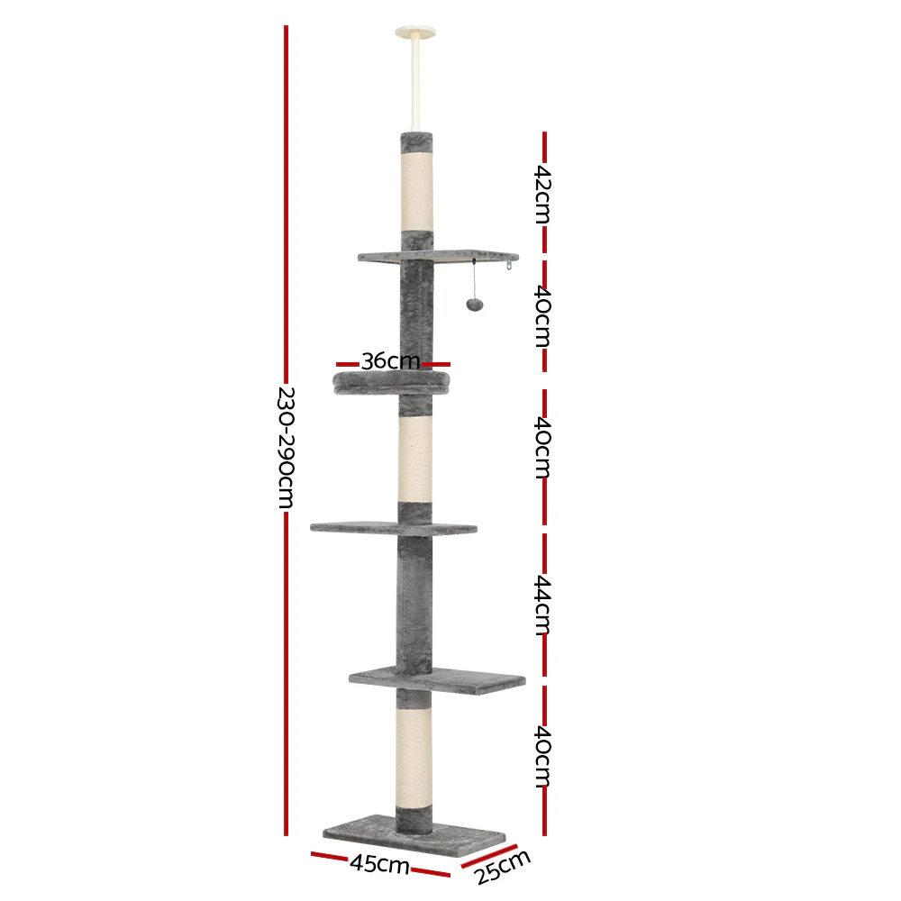 Cat Tree 290cm Tower Scratching Post Scratcher Floor to Ceiling Cats Bed - Grey & White - Nurns