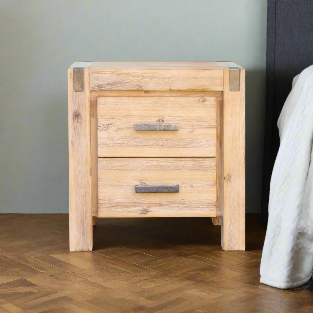 Iqaluit Wooden Bedside Tables Night Stand Solid Wood Acacia with 2 Drawers - Oak - Nurns