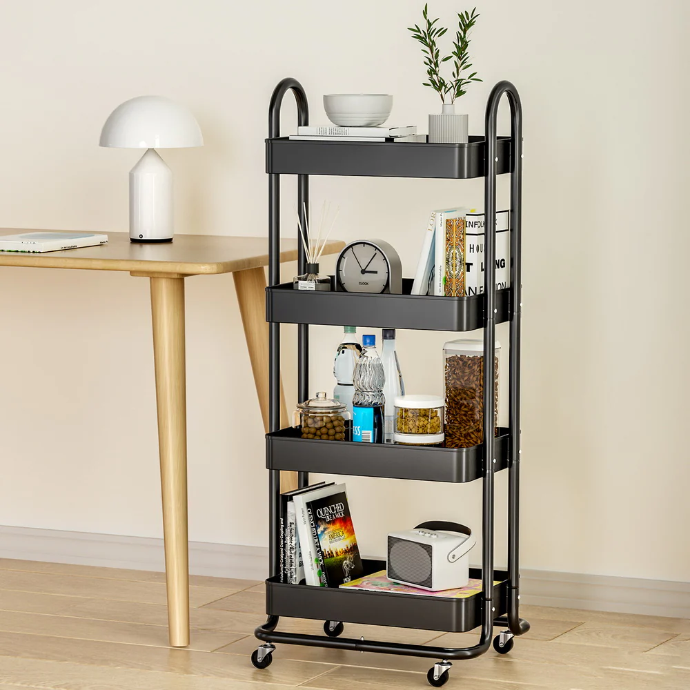 Storage Trolley Kitchen Cart 4 Tiers - Black - Nurns