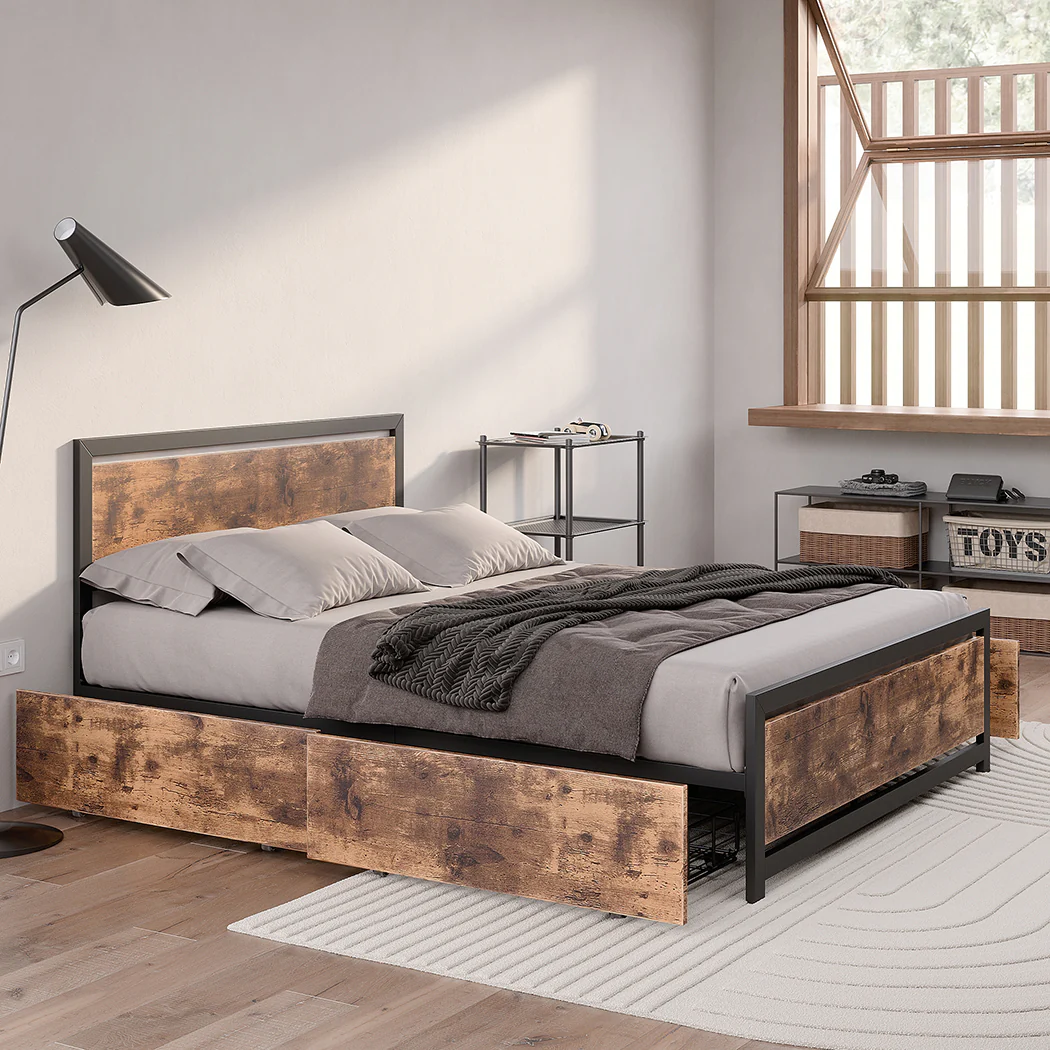 Ruth Metal Bed Frame Platform Wooden with 4 Drawers Rustic - Black & Wood Double - Nurns