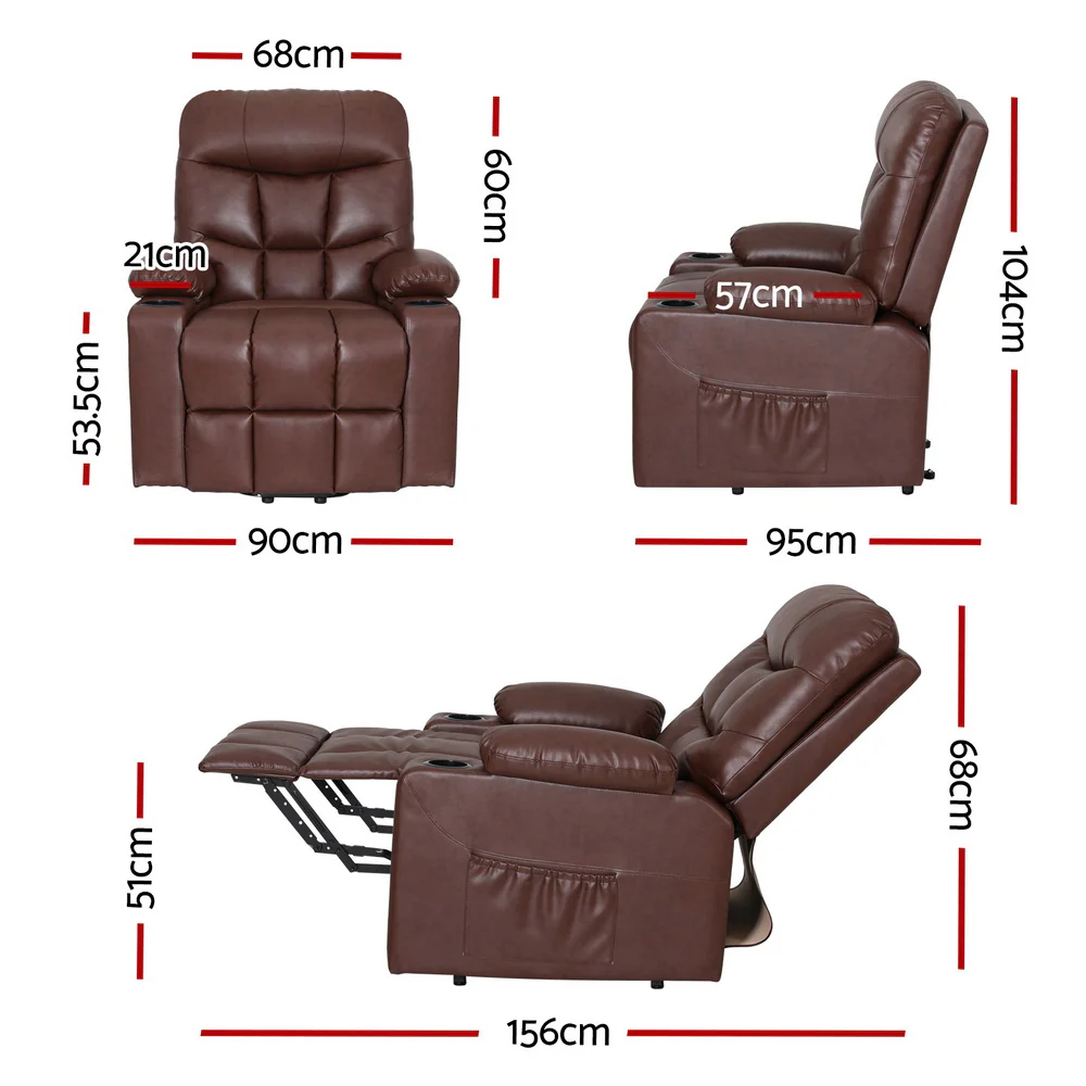 Chiron Recliner Chair Lift Assist Heated Massage Chair Leather - Brown - Nurns
