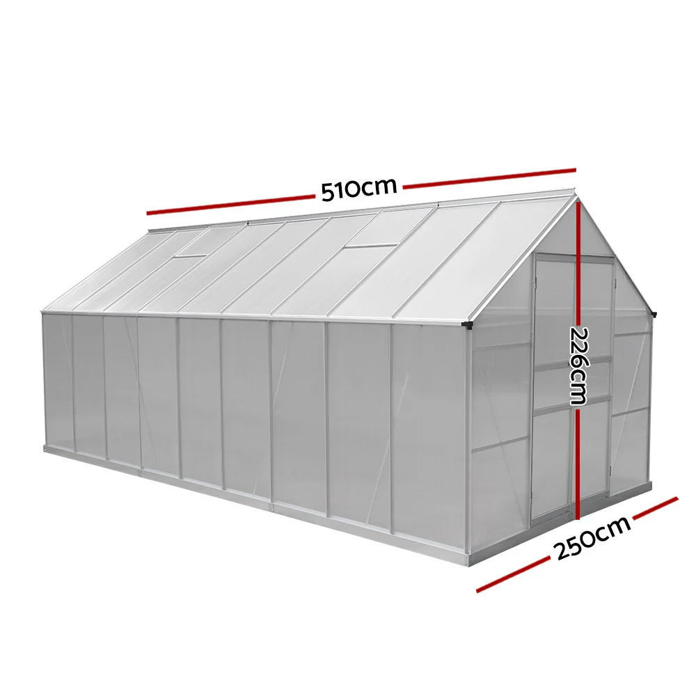 Greenfingers Greenhouse 5.1x2.5x2.26M Double Doors Aluminium Green House Garden Shed - Nurns