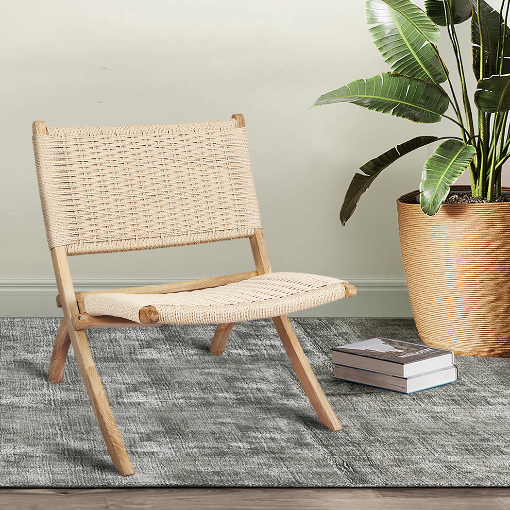 Foldable Single Deck Chair Solid Wood Kraft Rope Paper Woven Seat - Natural - Nurns