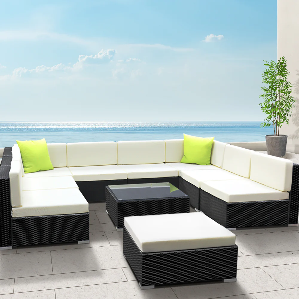 Chester 9-Seater Furniture Set Wicker Garden Patio Lounge 10-Piece Outdoor Sofa - Black - Nurns