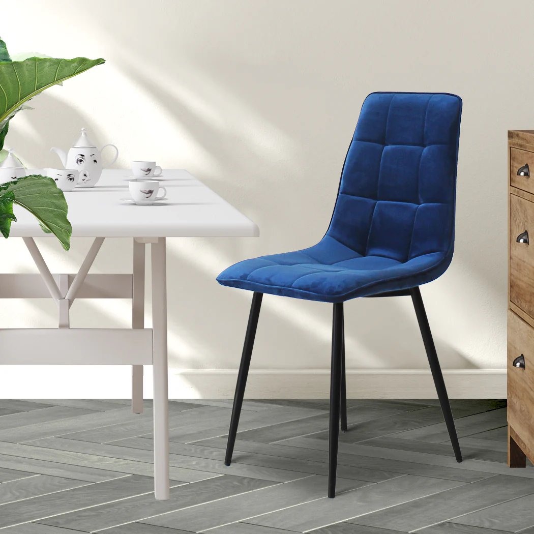 Spencer Set of 4 Dining Chairs Kitchen Table Lounge Room Retro Padded Seat Velvet - Blue - Nurns