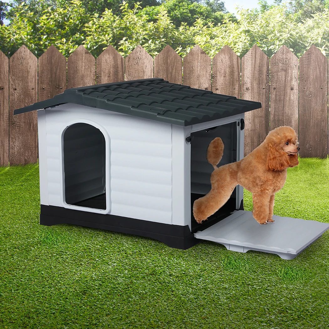 Dog Kennel Outdoor Indoor Pet Plastic Garden Large House Weatherproof Grey Large - Nurns