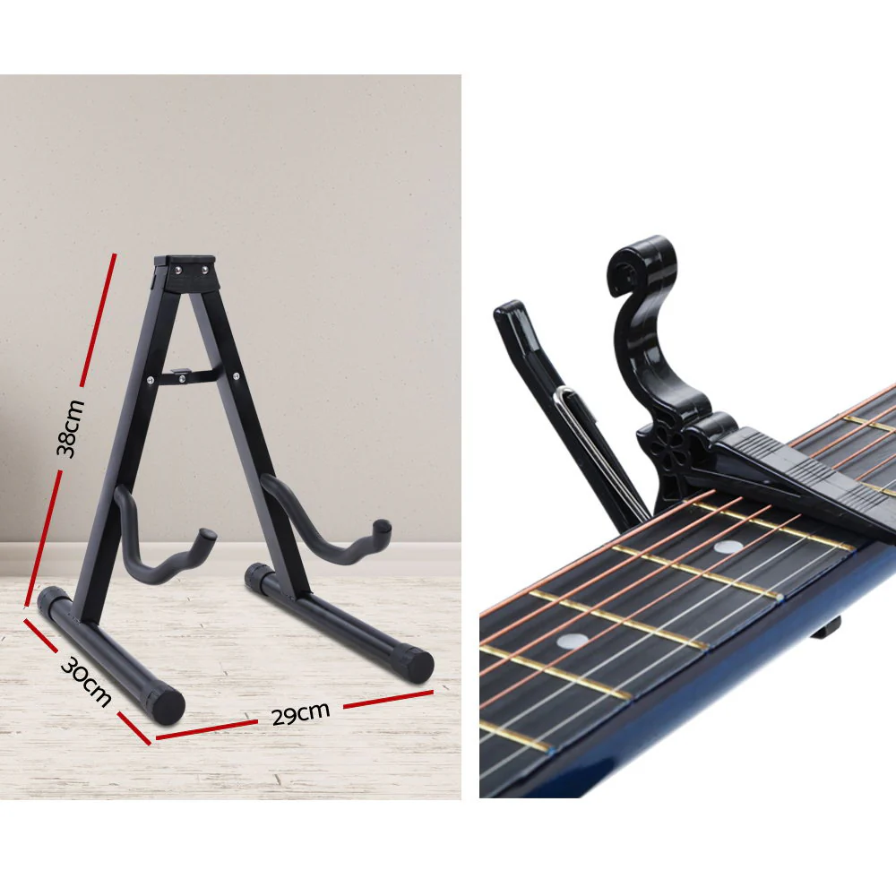 Alpha 38 Inch Acoustic Guitar Wooden Body Steel String Full Size w/ Stand Blue - Nurns