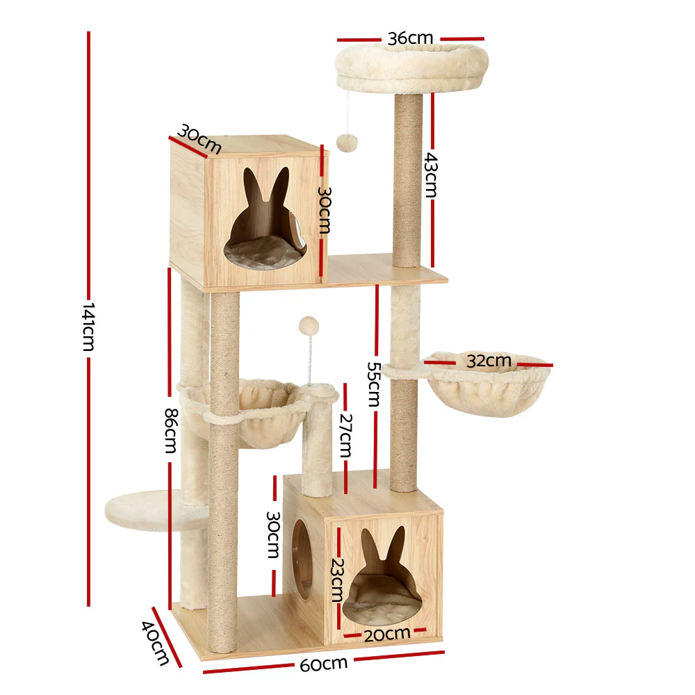 Cat Tree 141cm Tower Scratching Post Scratcher Wood Bed Condo Toys House Ladder - Nurns