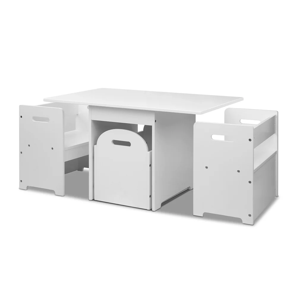 Perline 3-Piece Kids Table & Chairs Set Multi-function and Chair Hidden Storage Box Toy Activity Desk - White - Nurns