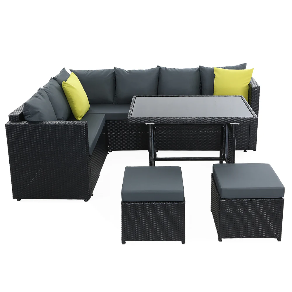 Alnwick 5-Seater Furniture Patio Set Table Chair Lounge Wicker Garden 6-Piece Outdoor Sofa - Black - Nurns