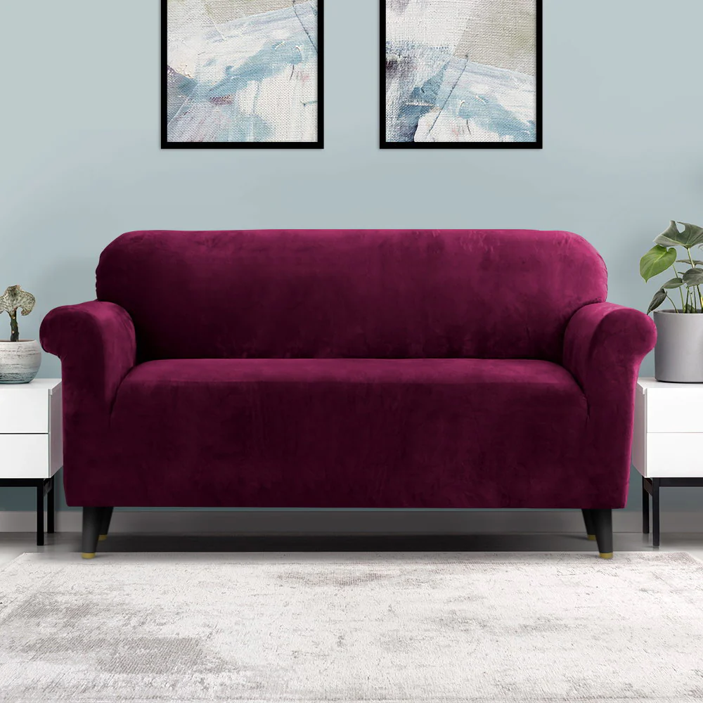 Velvet Sofa Cover Plush Couch Cover Lounge Slipcover 3-Seater Ruby Red - Nurns