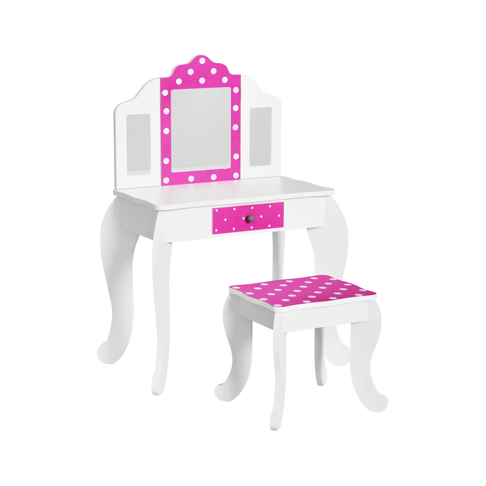 Kids Dressing Table Vanity Makeup Chair Set Wooden 3 Mirror Drawer - Pink - Nurns