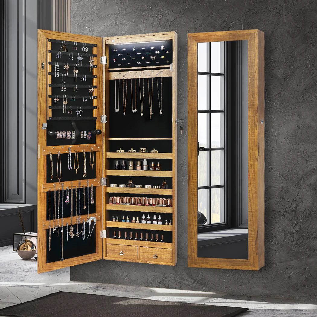 Mirror Jewellery Cabinet Makeup Storage Cosmetic LED Light Organiser Box - Nurns