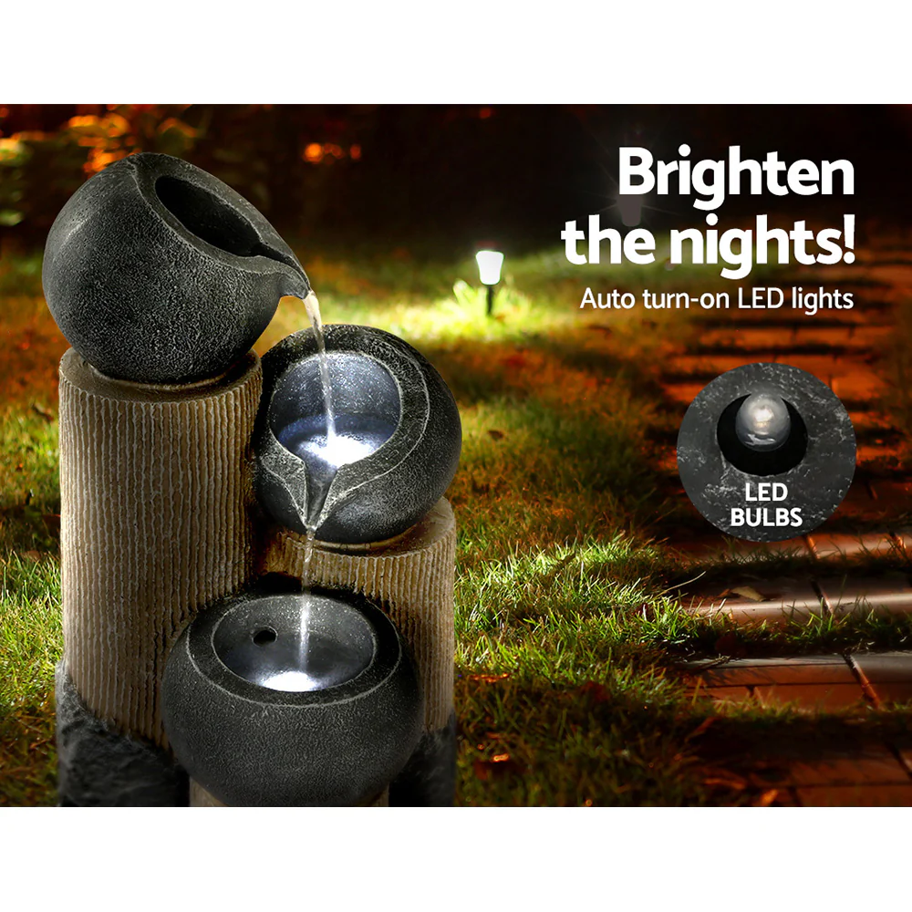 Solar Water Feature Cascading Fountain 3-Tier Pot LED Lights 76cm - Grey - Nurns