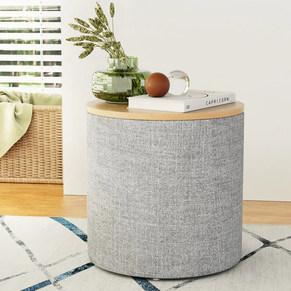 Storage Ottoman Blanket Box 40cm Linen Round - Grey - Nurns