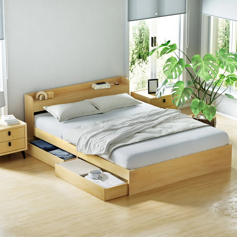 Bari Bed Frame with Charging Ports and 2 Drawers - Wood Queen - Nurns