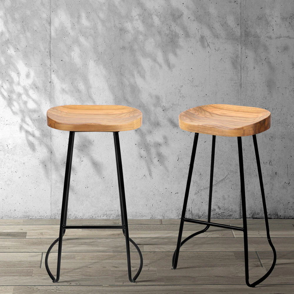 Set of 2 Reggio 75cm Elm Wood Backless Bar Stools - Black & Natural - Nurns