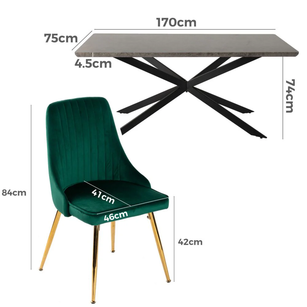 6-Piece Dario Green Dining Table & Chair Set Rectangular Velvet Banquet - Nurns