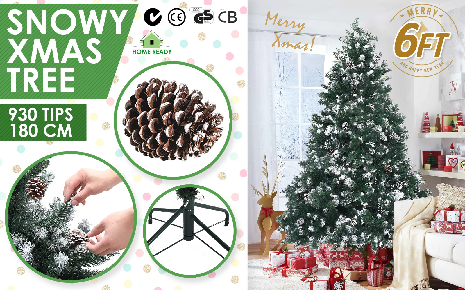 5ft 1.5m 930 Tips Snowy Christmas Tree Xmas Pine Cones + Bauble Balls Green - Nurns