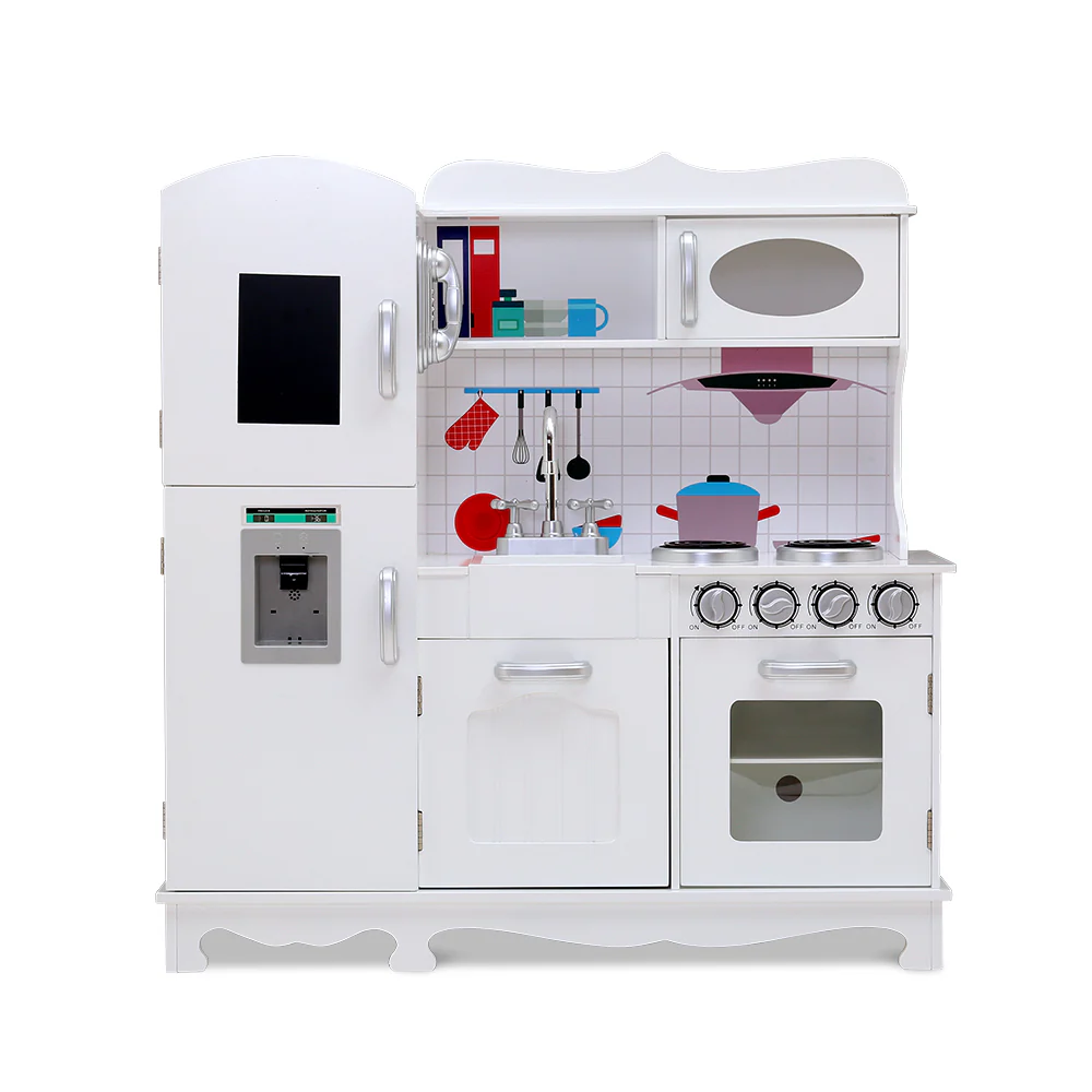 Kids Kitchen Set Pretend Play Food Sets Childrens Utensils Wooden White - Nurns