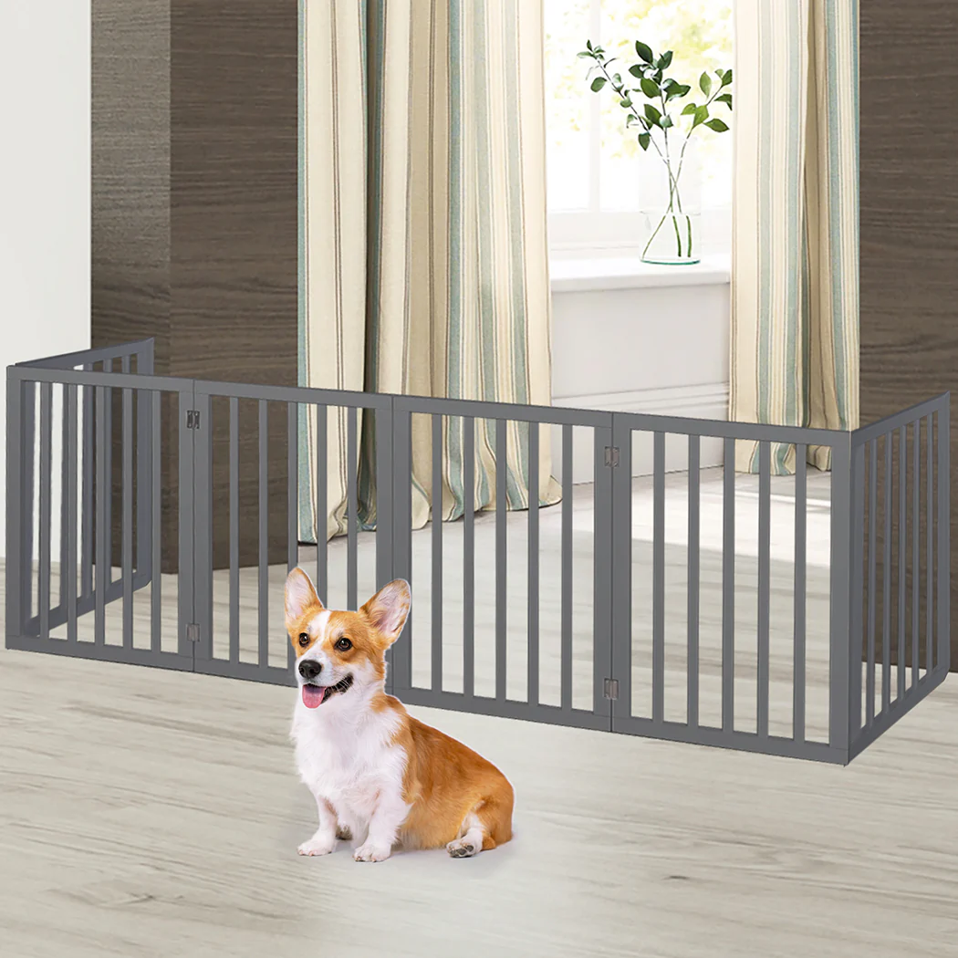 Wooden Pet Gate Dog Fence Safety Stair Barrier Security Door 6 Panels Grey - Nurns