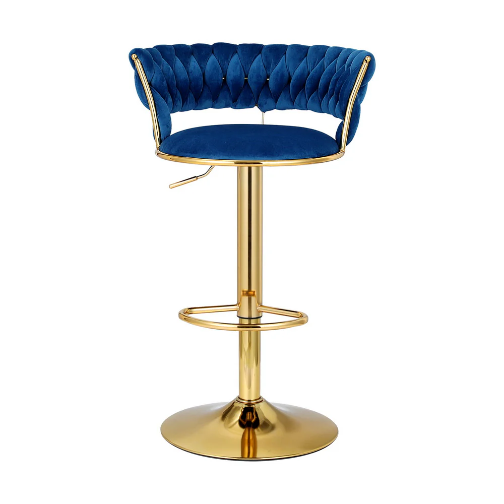 Saldus Bar Stools Gas Lift Velvet Woven Backrest - Navy & Gold - Nurns