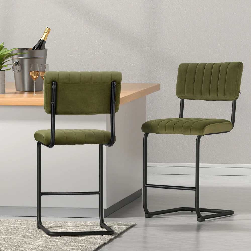 Set of 4 Nairobi Bar Stools Velvet Chairs - Green - Nurns