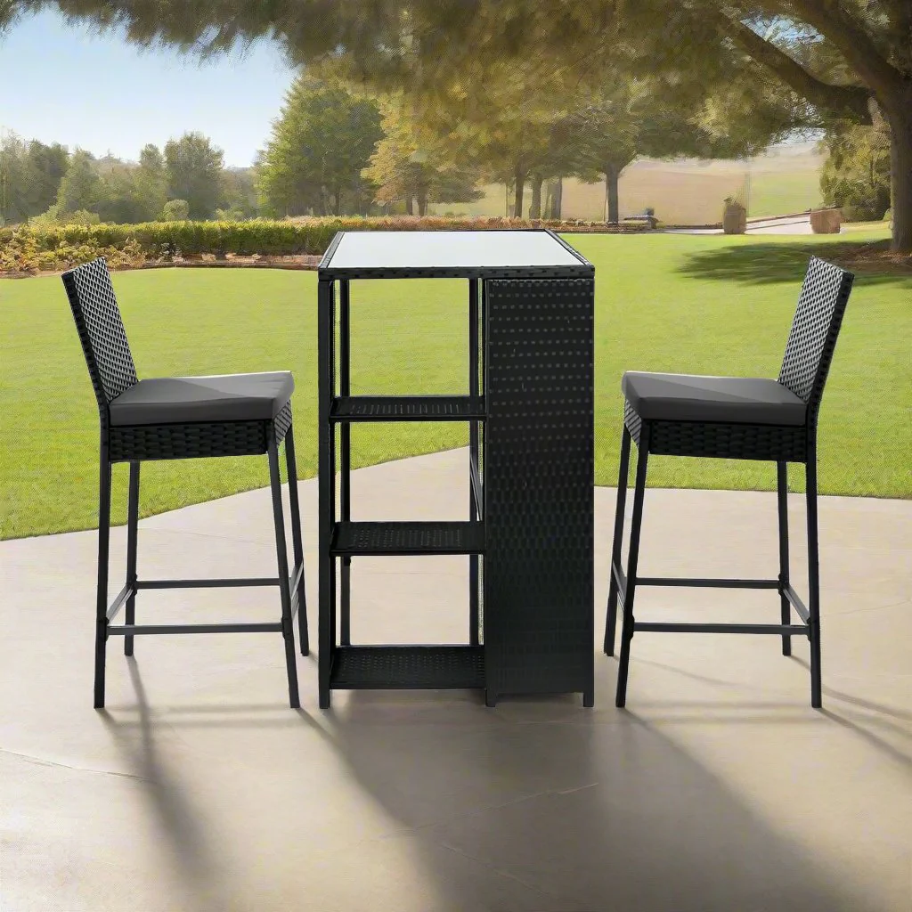 Mark 2-Seater Patio Furniture Chairs Wicker 3-Piece Outdoor Bar Table Stools Set - Black - Nurns