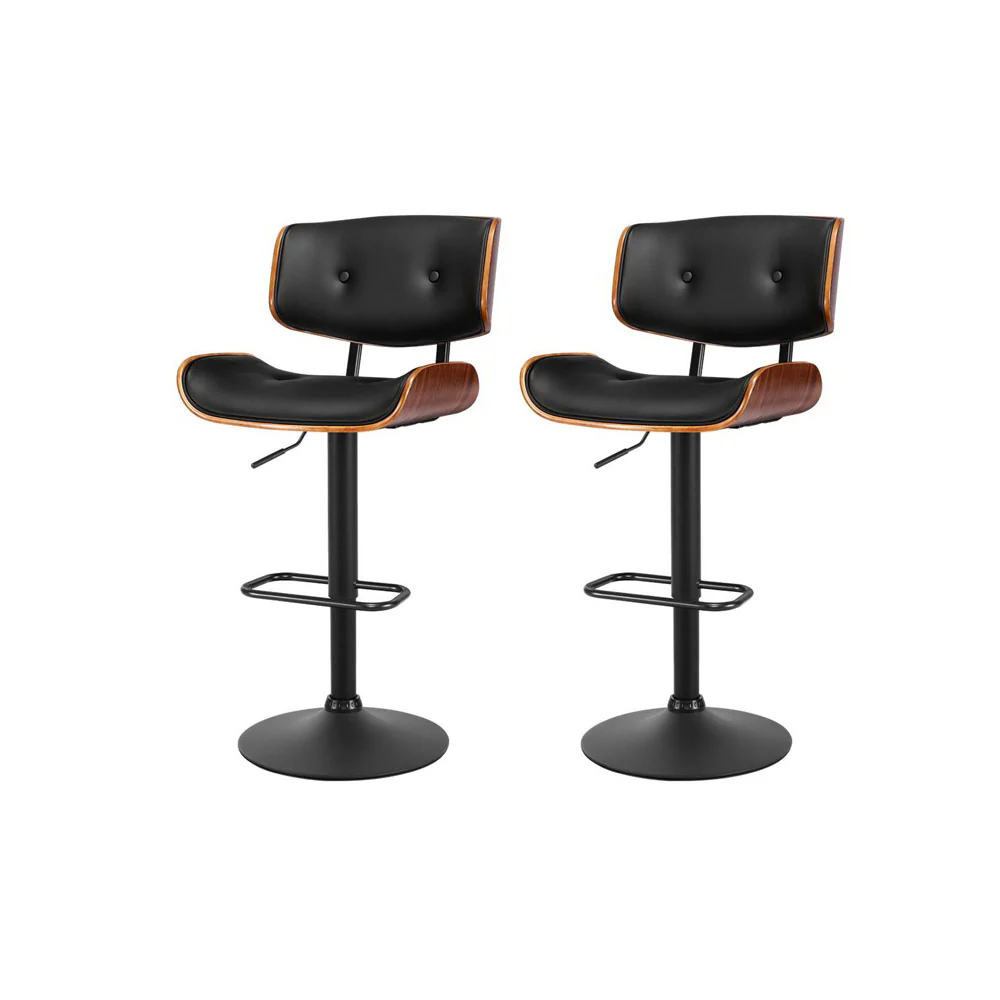 Set of 2 Ancona Bar Stool Gas Lift Wooden PU Leather - Black - Nurns