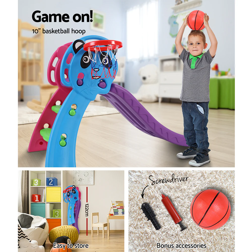 Panda Kids Slide with Basketball Hoop Outdoor Indoor Playground Toddler Play - Nurns