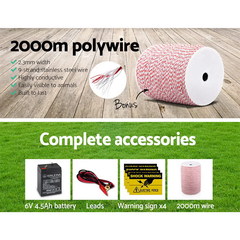 5km Solar Electric Fence Energiser Energizer 0.15J + 2000m Poly Fencing Wire Tape - Nurns