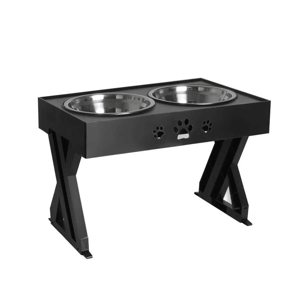 Elevated Pet Feeder Food Water Double Bowl Adjustable Height Raised Stand - Black - Nurns