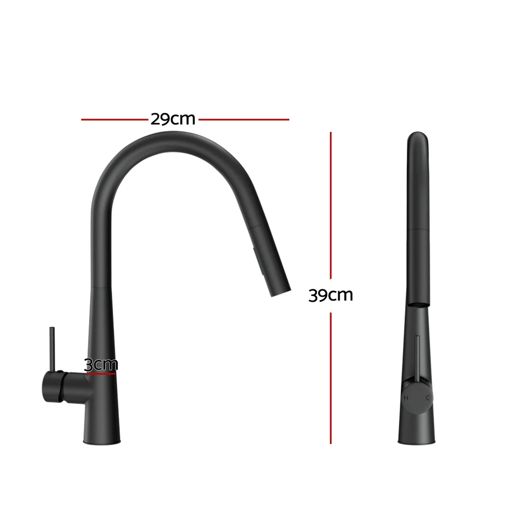 Kitchen Mixer Tap Pull Out Round 2 Mode Sink Basin Faucet Swivel - Black - Nurns