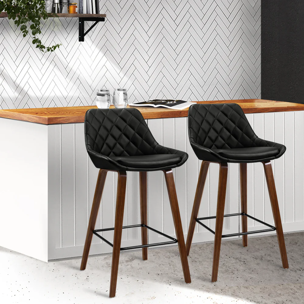 Set of 2 Aveiro Bar Stools Bentwood PU Leather Diamond Pleat - Black - Nurns
