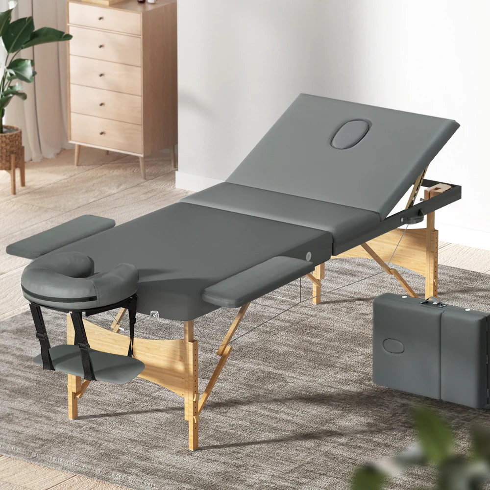 Massage Table 75cm 3 Fold Wooden Portable Beauty Therapy Bed Waxing Grey - Nurns
