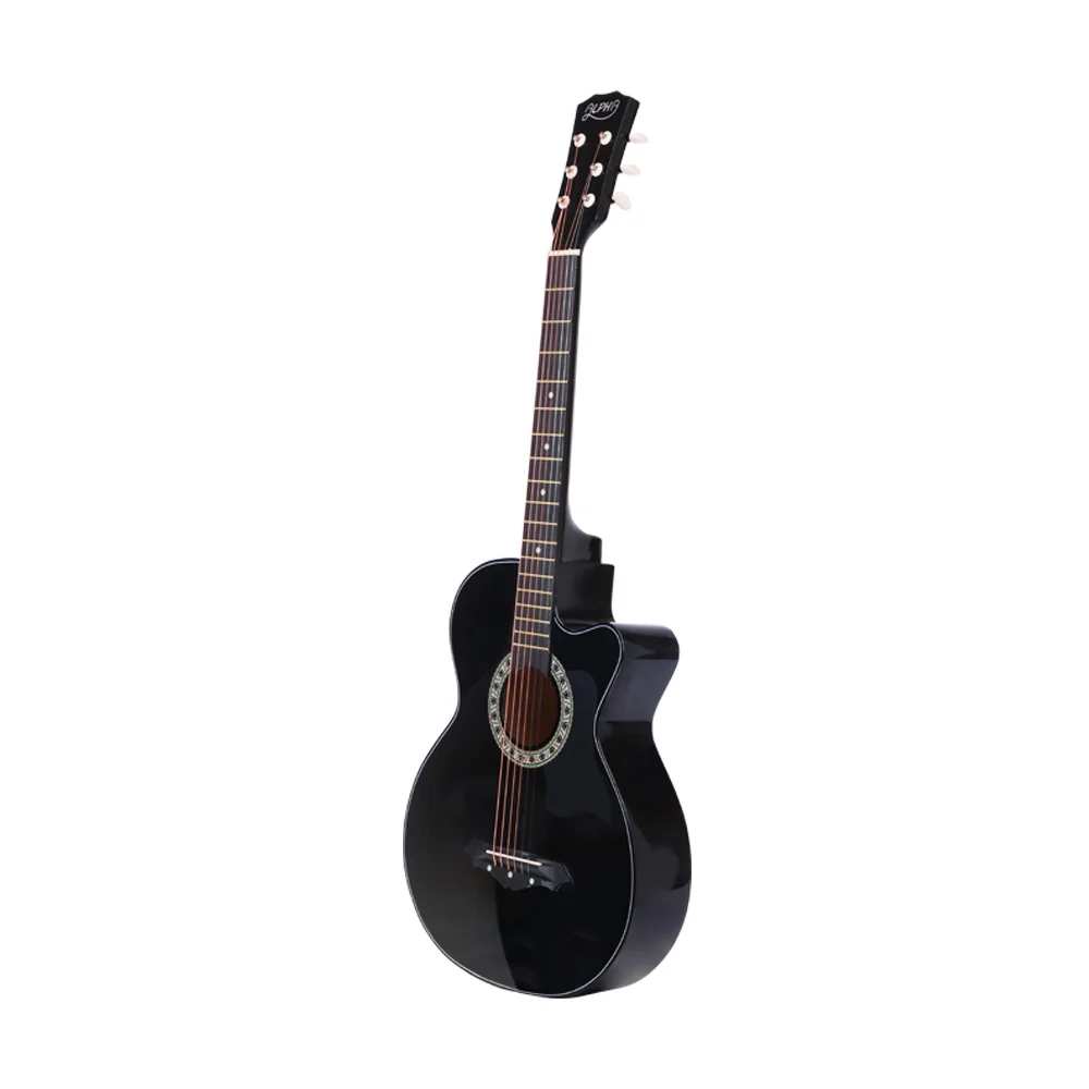 Alpha 38 Inch Acoustic Guitar Wooden Body Steel String Full Size Cutaway Black - Nurns