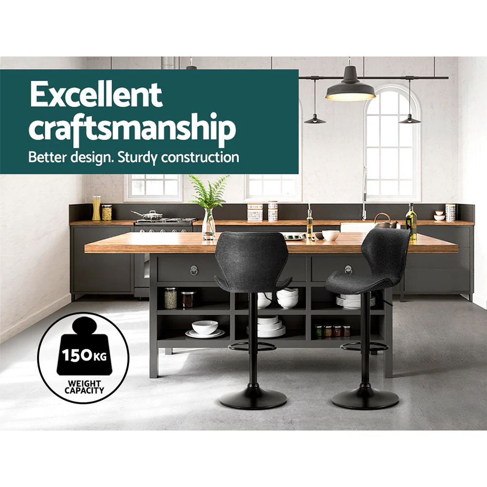 Set of 2 Swansea Bar Stools Kitchen Stool Chairs Metal Barstool Swivel - Black - Nurns