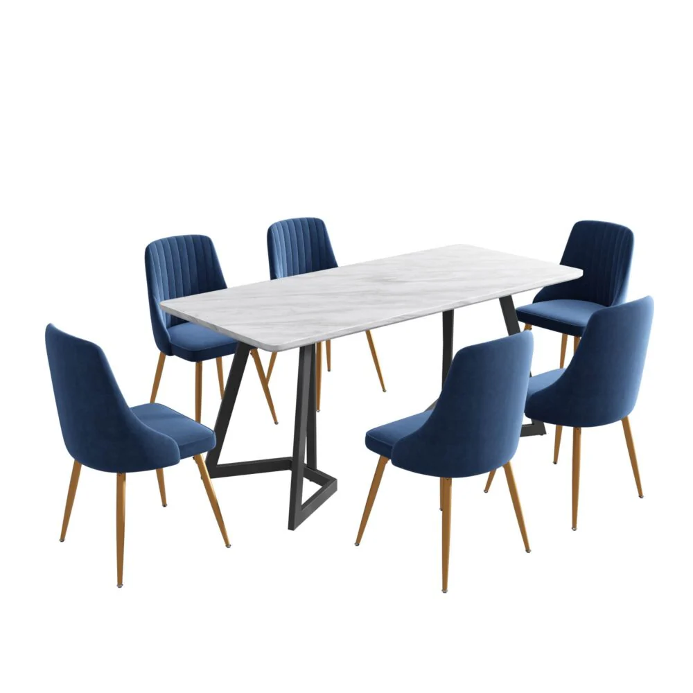 6-Piece Zelma Blue Dining Table & Chair Set Marble Bliss Velvet - Nurns