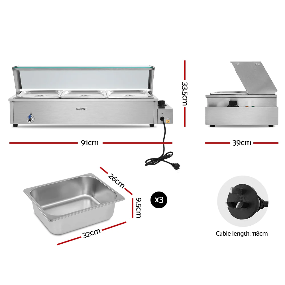 Devanti Commercial Food Warmer Bain Marie 3 Electric Buffet Pans - Nurns